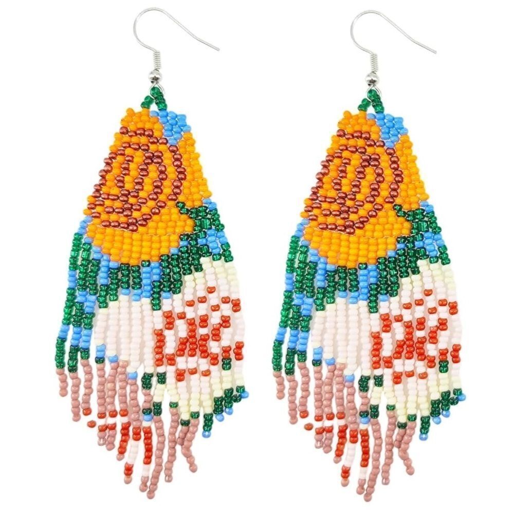 Flower Bohemian Seed Bead Tassel Dangling Statement French Wire Hook Earrings